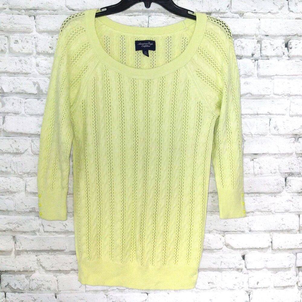 American Eagle Outfitters Sweater Womens Large Green 3/4 Sleeve Open Knit Beach